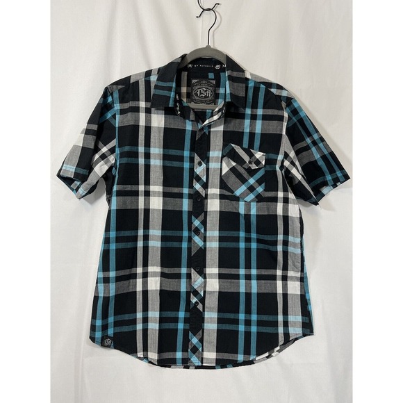 MX Republic Mens Button Up Short Sleeve Shirt White Blue Black Plaid Size Large - Picture 1 of 7